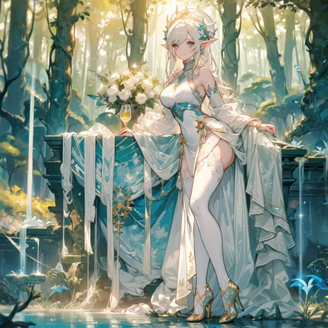 ((masterpiece， best quality))，elf，royal sister，forest，sea of trees，pure white background，detailed face，smile，whole body，perfect ...