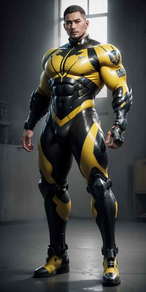 Tall giant muscular police officer，Yellow and black camouflage patterned nano mecha，Honeycomb pattern，Lightweight texture，Character Concept（Resident Evil - Chris Redfield，Chris Redfield）senior police officer，Small grid texture，Regular symmetrical texture p...