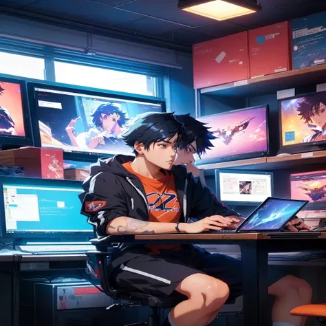 anime boy sitting at a desk with a laptop in front of him, anime style 4 k, digital anime illustration, anime moe artstyle, high quality anime artstyle, young anime man, digital anime, profile picture 1024px, digital anime art, modern anime style, anime bo...