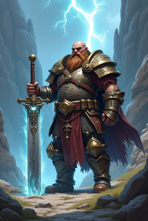 Create a fully armored, thick Dwarf warrior with a greatsword imbued with lightning magic