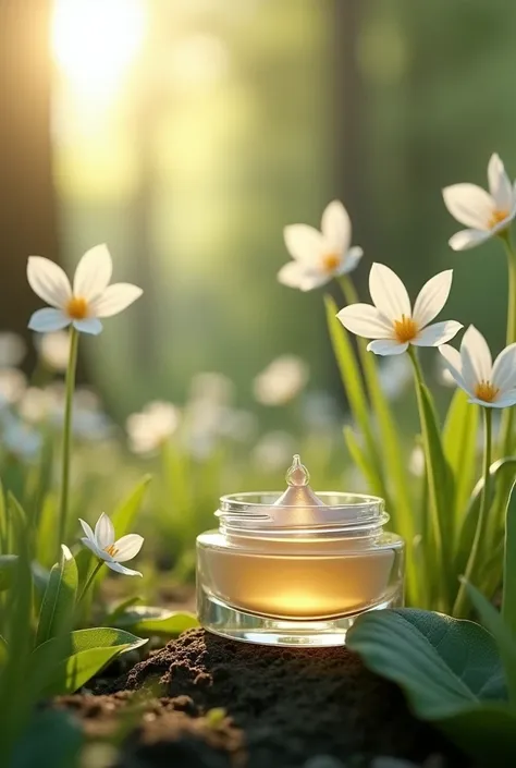 no humans,flower,depth of field,depth of field,leaf,scenery,nature,white flower,realistic,plant,still life,grass,outdoors,bottle,Realistic product commercial blockbuster,with white flowers in the background a jar of liquid makeup rests in the forest,in the...