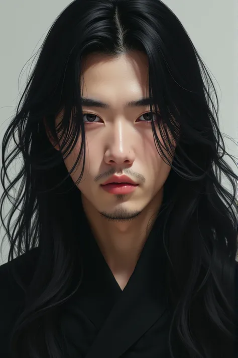 Korean guy, long black hair, realistic