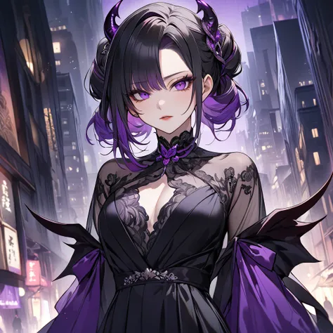 ((Highest quality)), ((masterpiece)), (detailed), （Perfect Face）、The demon woman is Shinobu Kochou, with black bob hair with purple gradation at the ends, styled in a formal evening hairstyle.、Women are evil demons、City of night