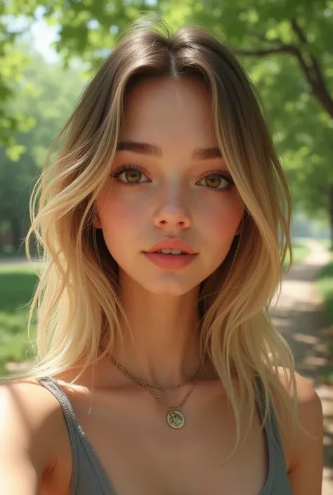 Create an 18 year old girl, young, 
 blonde, with Mexican features, Brown eyes, that the photo is like a realistic selfie, Let the selfie be in a park