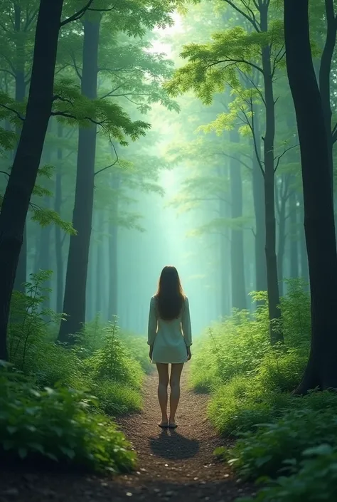 Create A woman standing at the beginning of a trail in a forest, looking at front. The image must have natural lighting, with shades of green and light blue, conveying tranquility and hope, without explicit mystical elements.