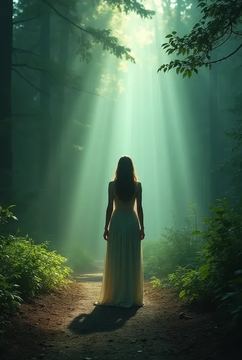 Create A woman standing at the beginning of a trail in a forest, looking at front. The image must have natural lighting, with shades of green and light blue, conveying tranquility and hope, without explicit mystical elements.