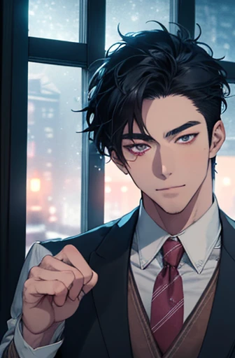 there is a man in white vest and tie standing in front of window with snowy night scenery. inspired by Hisui Sugiura, with very highly detailed face, it has a piercing gaze, handsome stunning realistic, anime handsome man, ultra realistic picture, inspired...