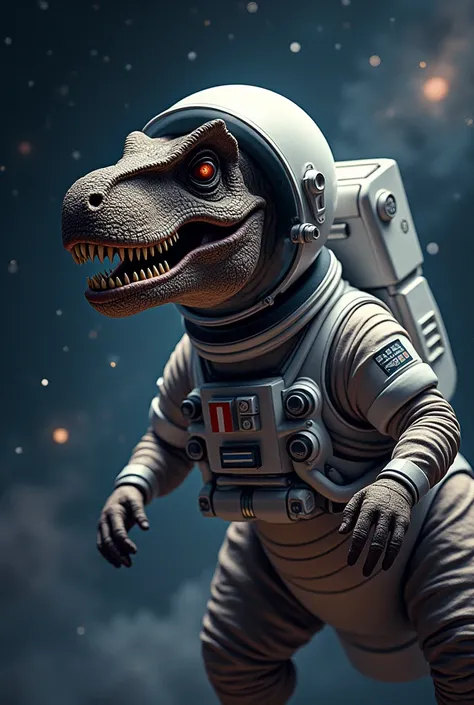 A T-rex dinosaur dressed as an astronaut 