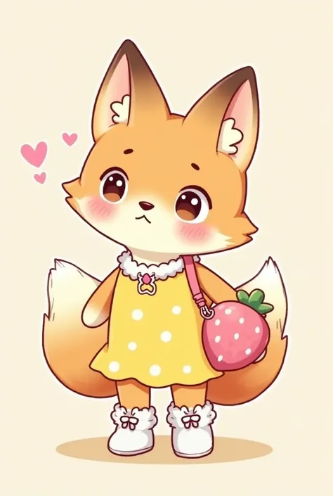 Create a cute bt21 style fox, with a yellow dress and white boots that look like rabbit&#39;s feet, and she carries a pink shoulder bag that looks like a strawberry 