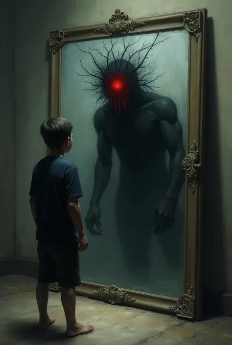 An individual looking at his reflection in a mirror where the reflection shows a distorted and dark version of himself representing the struggle with inner demons.