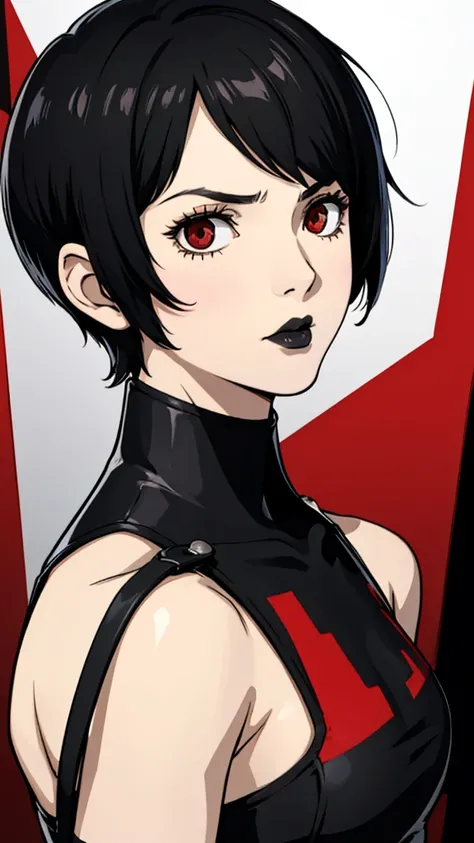 1girl, serious face, red eyes, tomboy Pixie haircut, very Short hair, black hair, bandeau, black lipstick, face portrait