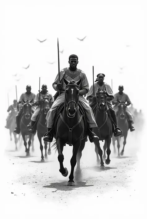 a black and white image that contains a running african king on battle riding horse and also his people followng him als the image should contains a white background the
