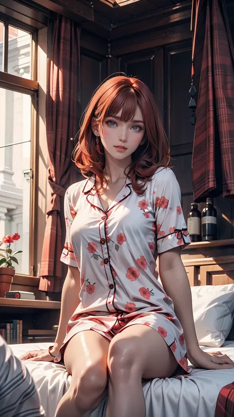 A woman in pink floral pajamas is sitting on her bed, Redheadの少女, beautiful Redheadの女性, Redheadの女性, young Redheadの少女, Short bright red hair, Red hair and attractive features, Anna Nikonova、Also known as New Milky, Redheadの少女, Redhead, Beautiful woman, Posi...