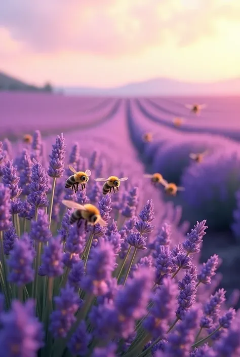 Bees on lavender in lavender field