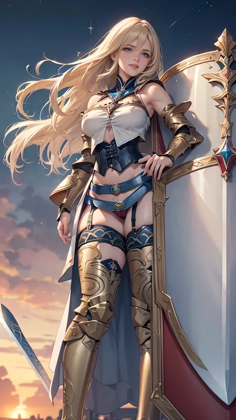 Browsing Caution,Sensual, Long blonde hair, Thick thighs, 8k, 4K, Highest quality, (High resolution:1.6), Cute anime face, Noise Reduction,Flaxen Hair、 (Sparkling Blue Eyes, A kind smile:1.3, Kind eyes:1.3)、Young Face, Anime Eyes, Asheria、(Sword in right h...