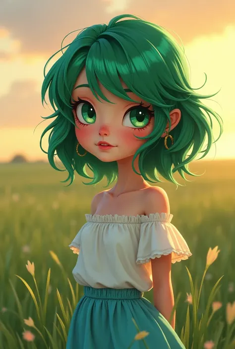 girl with green hair, white skinned, green eyes like emeralds, freckles and a little blush, red lips camersi,blusa azul, and light blue skirt, at sunset in the grass  girl