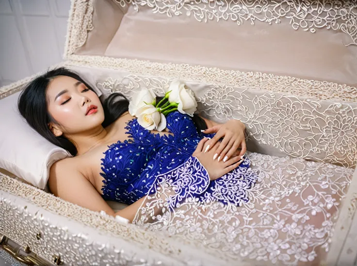 in a striking 8k hdr scene, a stunning korean woman, 22 years old, lies peacefully in a coffin and coffin cover surrounded by pl...