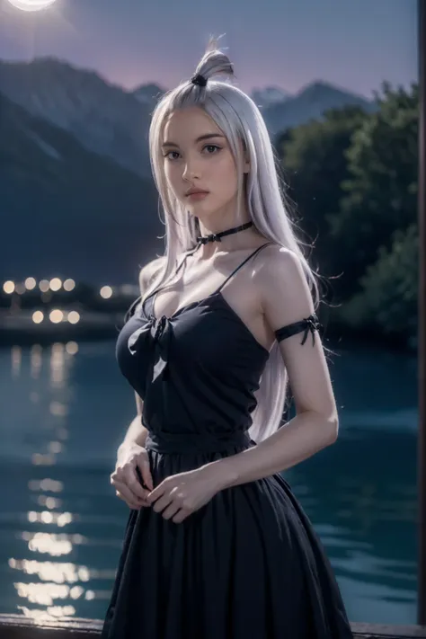 (ultra realistic,32k, masterpiece:1.2),(high detailed skin:1.1),( high quality:1.1),
eft_fairytail_mirajane, (blue eyes:0.5), cleavage, solo, long hair, choker, white hair, collarbone, dress, black dress, bare shoulders, bangs pinned back,,(looking at view...