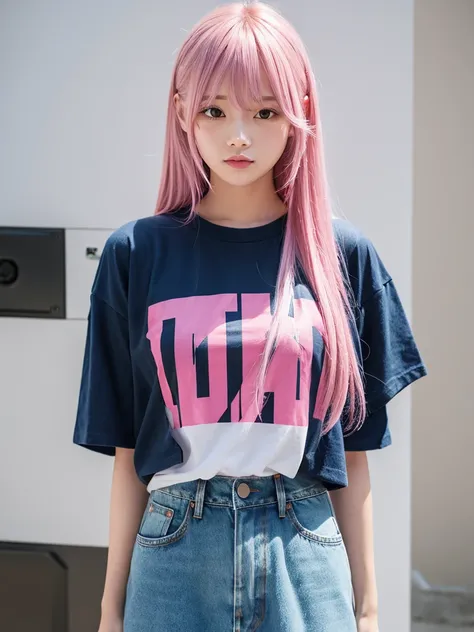 milkfed t shirt one girl, 
, Long Hair, Denim Pink Hair, 