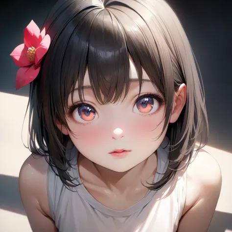 loli anime girl, realistic shadows, delicate skin, the breasts are very small, black hair, very detailed, 8k highly detailed fac...