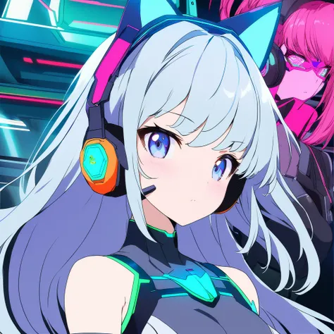 dressed in futuristic clothing、anime girl wearing cat ears and headphones, cute robot girl, digital cyberpunk anime art, cyberpu...