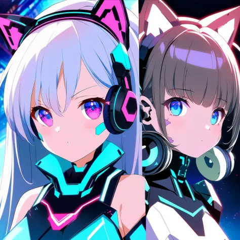 Dressed in futuristic clothing、Anime girl wearing cat ears and headphones, Cute robot girl, Digital Cyberpunk Anime Art, Cyberpunk anime girl mech, female Cyberpunk anime girl, Cyberpunk anime girl, Pretty girl robot, Perfect girl, Anime Cyberpunk Art, Por...