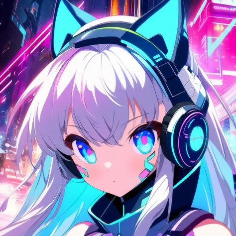 dressed in futuristic clothing、anime girl wearing cat ears and headphones, cute robot girl, digital cyberpunk anime art, cyberpu...