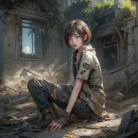 (masterpiece, Highest quality, 1 girl, alone) In the ruins of the zombie apocalypse, 美しいアメリカの金髪の十代のborn存者, ( Half Body Shot, There are many freckles on the face, Slim figure, Short messy side cut hair, Hazel green eyes), I&#39;m tired but I won&#39;t give ...