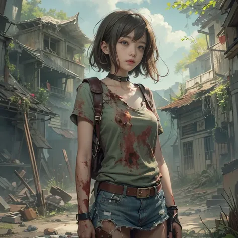 (masterpiece, Highest quality, 1 girl, alone) In the ruins of the zombie apocalypse, 美しいアメリカの金髪の十代のborn存者, ( Half Body Shot, There are many freckles on the face, Slim figure, Short messy side cut hair, Hazel green eyes), I&#39;m tired but I won&#39;t give ...