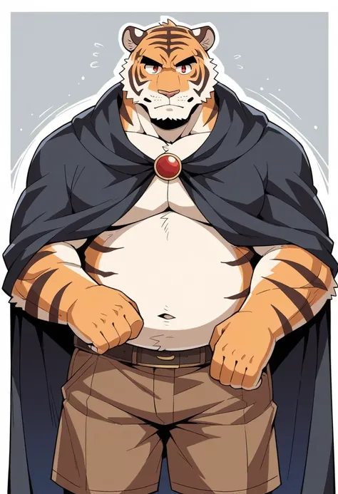 New Jersey 5 Furry,(Tiger)，Solitary，Wildlife，Chubby body，Strong muscles，Thick Arms，luxurious，Chubby cheeks，beard，Mature，Uncle，Black eyebrows，Red Eyes，worried expression，(Black cloak)，(Brown shorts)，(((Medieval wineshop))),From Zixiong, Takemoto Arashi