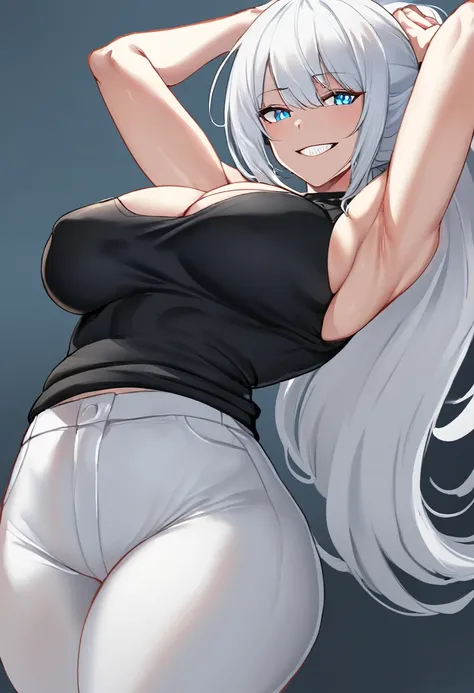 ratatatat74,One Woman, alone,Glowing Skin,Light blue eyes,Very large breasts,Cleavage,Very thick legs,Cowboy Shot,smile,teeth,Pure white hair,straggling hair,Low Ponytail,Black sleeveless vertical sweater,White pants,Place your hands on the back of your he...