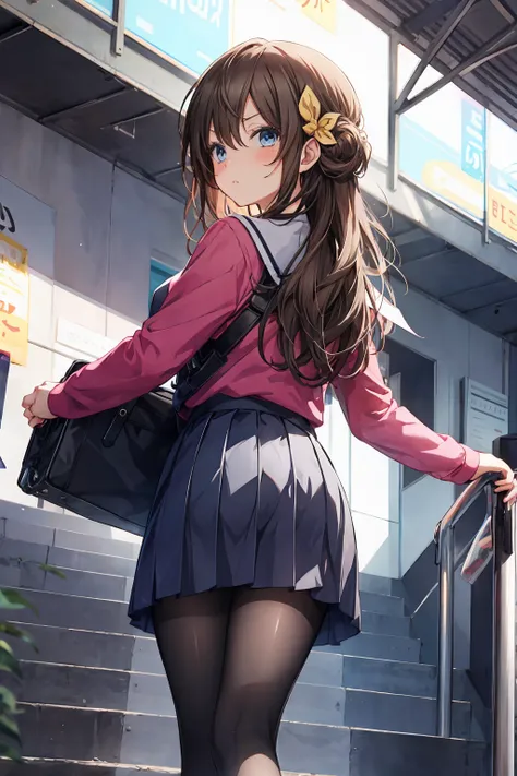 animese anime girl in skirt and blouse with suitcase walking up the stairs, 1girl, stairs, skirt, long hair,angry,blush, looking...