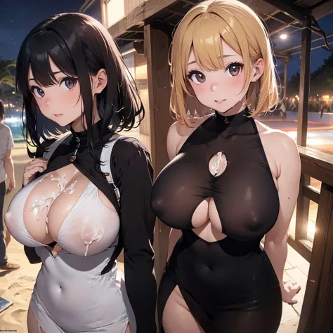 2lady(different hair style), ((ultra-quality)), (Bukkake:1.5), (side view), (profile), (from side), (side colossal tit:1.6), (in 8K), (arms behind back:1.5), (arms are down), ultla highres, Hyper Detailed, High contrast, Ultrafine Strike, creative refineme...