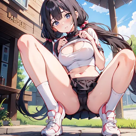 anime girl squatting, sexy body suit, Twintails, Black Hair, Very Long Hair, Embarrassed, no bra, Large breasts, mini skirt, white crop