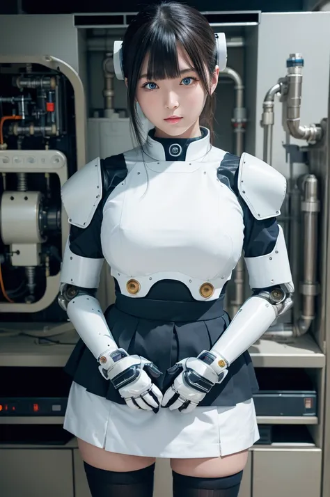 masterpiece, best quality, extremely detailed, Japanese android girl,Plump ,control panels,Mechanical Hand,Robot arms and legs, robot assembly plant,white robot body,blunt bangs,skirt,black knee high socks,blue  eyes