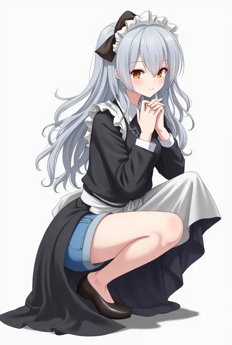 Crouch　Maid clothes　girl　Long Skirt　Long Hair　Denim shorts under the skirt