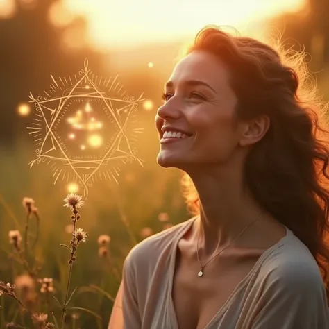 main image: a woman smiling, in a natural environment at sunrise or sunset, transmitting serenity and confidence.

Additional Elements:

Discreet Star of David in the lower corner, symbolizing kabbalistic numerology.
Graphic elements of golden lights radia...