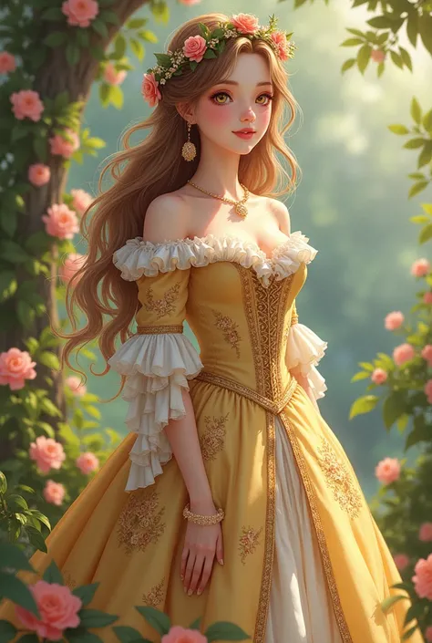 (Masterpiece), ((Highest Quality)),(Official Art),Beautifully Indulgent:1.2),(Dress),(1 Girl: 1.3), A beautiful anime princess with long light brown hair, amber eyes, and flower hair decorations wearing a modest 17th century dress with a detailed design ba...