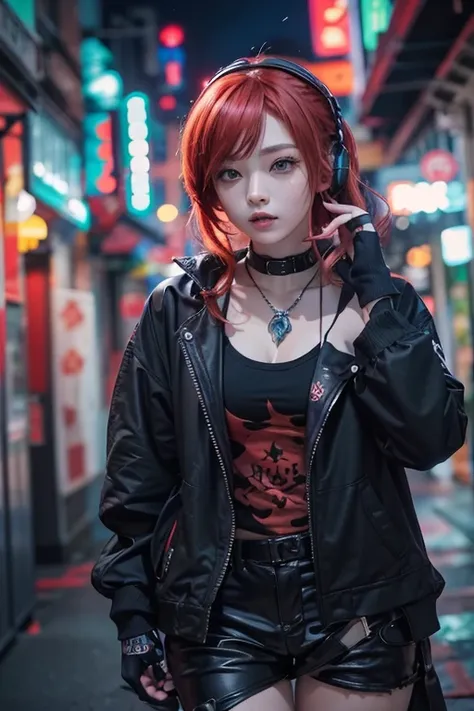 No sleeve、tattoo、真っred、本当にredい、red、red-haired、corruption、red hairs、Headphones、🎧、Goth_punk, One Girl, alone, Medium Shot, Stroll around Harajuku, ((At night)), Bokeh Depth of Field, Neon Light, 虹のeye, Starry Sky, red glowing hair, Black eyebrows, Radiant ha...