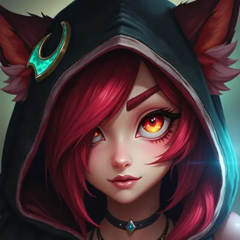 1 girl, xayah (League of Legends), orange eyes, animal eyes, Red-Hair, hoodie, animal ears