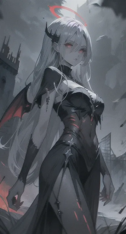 Grey skin, blood halo, Goddess, rare, cursed maiden, goddess armor, beautiful woman, long silver hair, red glowing eyes, grey skin, black wings, castle ruins,