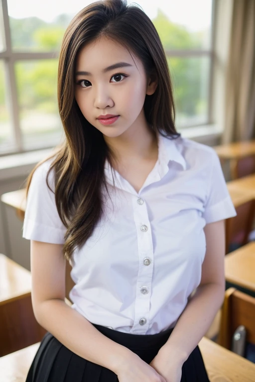 Close up,1 girl{{A beautiful girl wearing a white short-sleeved shirt and a black short A-line skirt}} stood in the classroom.  sexy poses  with several lecture tables set up behind it  There is a sliding glass window.  There was evening light streaming in...