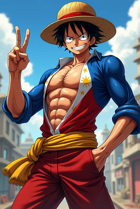 Pinoy luffy gear 5 one piece doing peace sign wearing a philippine flag pattern