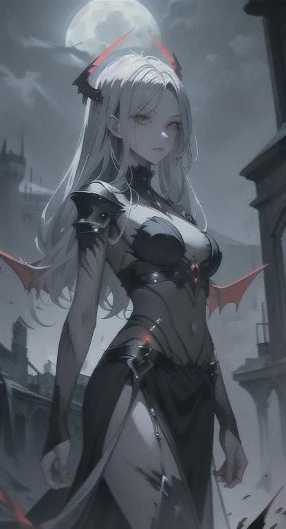 Grey skin, blood halo, Goddess, rare, cursed maiden, goddess armor, beautiful woman, long silver hair, red glowing eyes, grey skin, black wings, castle ruins,