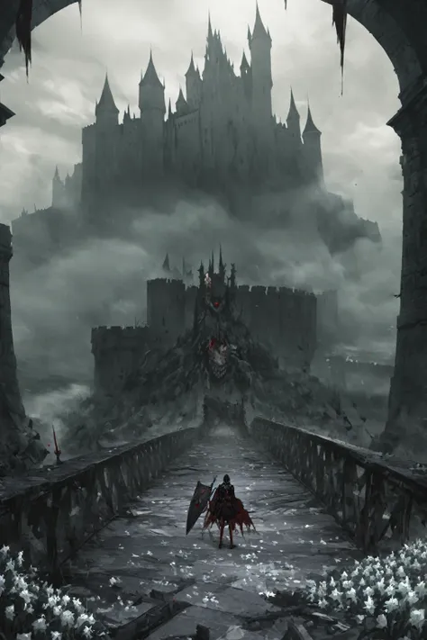 big wide bridge, castle in the background, haze, brutally excessive, great knight with shield standing on top of bridge, fallen ...