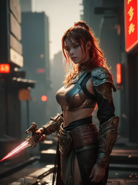 Young teenage girl, Sci-fi warrior, Looks terrible,,Fighting Stance, Holding a dagger,  Ancient Celtic Armor, Very detailed, Abandoned city in the background, Ginger Curls, Vibrant appearance, Creative Behavior, Extremely detailed, Imaginative, Sensual, Sp...