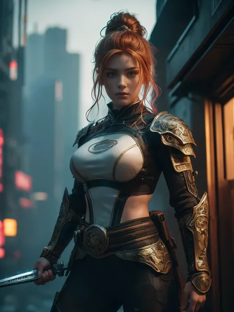 Young teenage girl, Sci-fi warrior, Looks terrible,,Fighting Stance, Holding a dagger,  Ancient Celtic Armor, Very detailed, Abandoned city in the background, Ginger Curls, Vibrant appearance, Creative Behavior, Extremely detailed, Imaginative, Sensual, Sp...