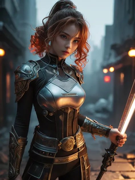 young teenage girl, sci-fi warrior, looks terrible,,fighting stance, holding a dagger,  ancient celtic armor, very detailed, aba...