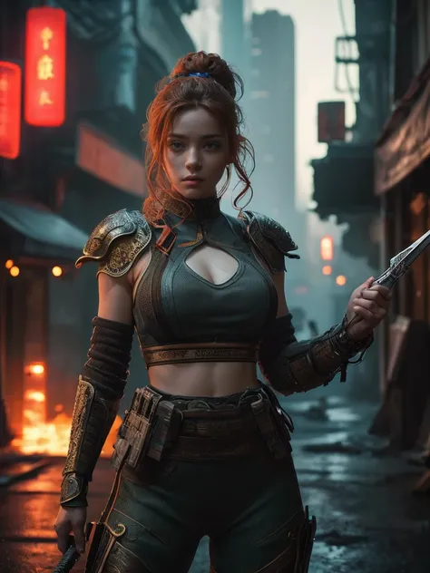 Young teenage girl, Sci-fi warrior, Looks terrible,,Fighting Stance, Holding a dagger,  Ancient Celtic Armor, Very detailed, Abandoned city in the background, Ginger Curls, Vibrant appearance, Creative Behavior, Extremely detailed, Imaginative, Sensual, Sp...