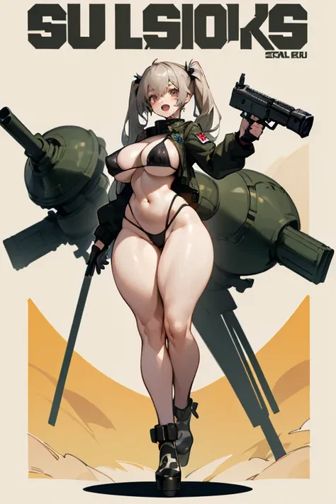 exited, smile, scream, Open mouth, young girl, Pullover, whole body to see, pigtails hair, (( very wide hips)), (((colossal Thighs, gigantic thighs, very huge thighs, very big thighs))), fullbody, platform heels, pale skin, very Big breast, gun, soldier gi...